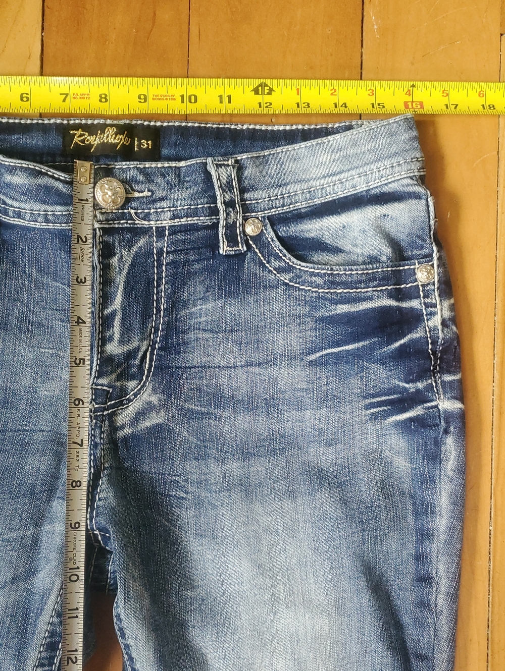 ROYALLUXE  Blue Flare Jeans - Classic Washed Denim EMBELISHED - Picture 5 of 11